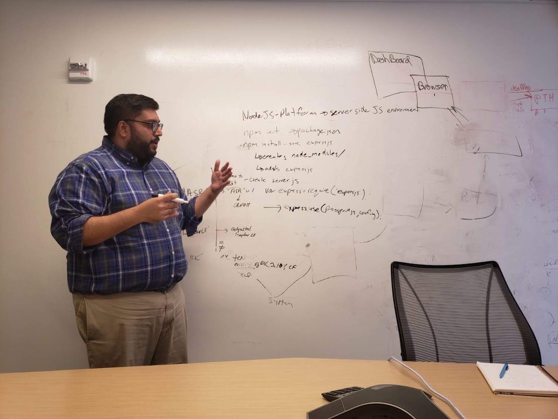 An engineer explaining a Node.js and Express setup on a whiteboard during a planning session